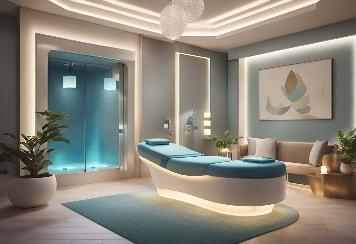 A serene spa room with a HydraFacial machine, soft lighting, and plush seating, surrounded by calming decor and soothing music