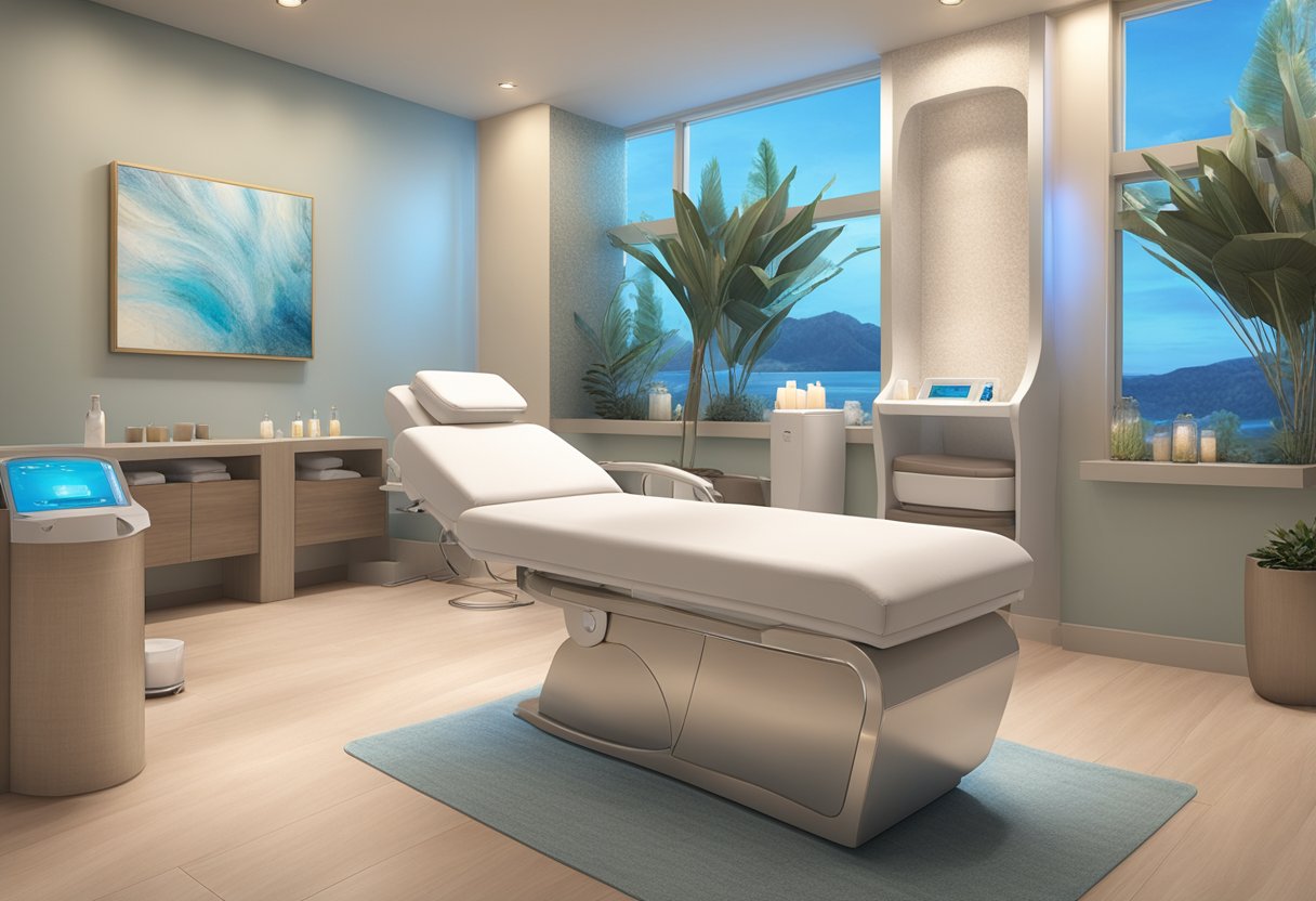 A serene spa room with a luxurious HydraFacial machine, soft ambient lighting, and plush seating for clients awaits at Orissa Med Spa in Chula Vista, CA