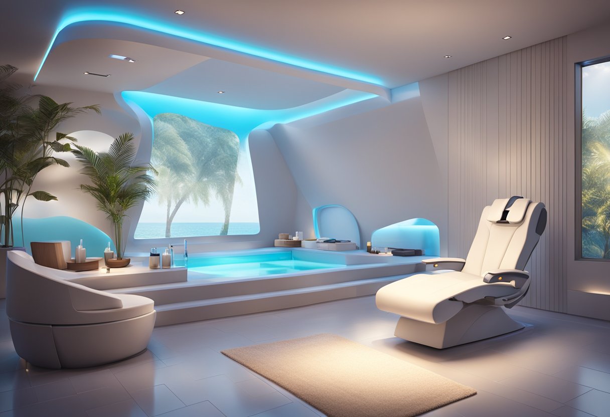 A serene spa room with a reclining chair, soft lighting, and a futuristic HydraFacial machine. A tranquil atmosphere with a sense of relaxation and rejuvenation