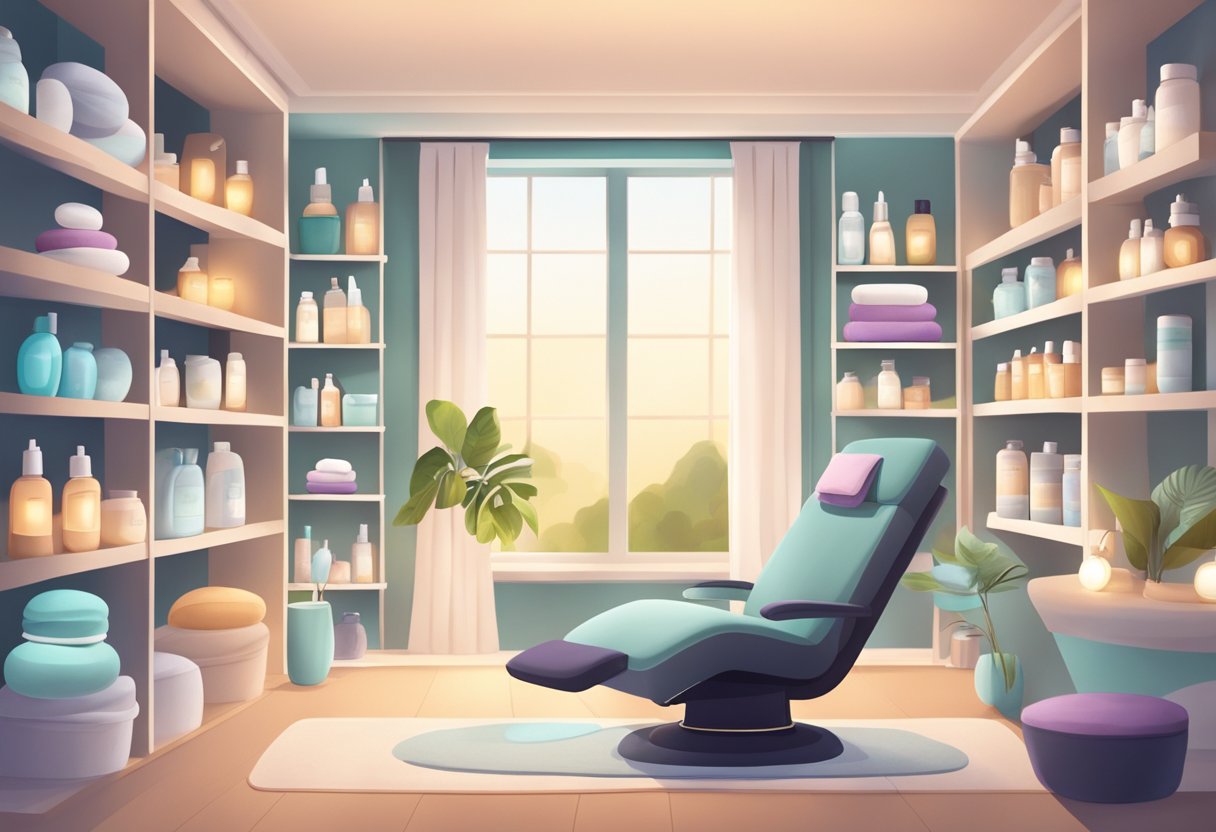 A serene spa room with soft lighting and a comfortable treatment chair, surrounded by shelves of skincare products and soothing decor