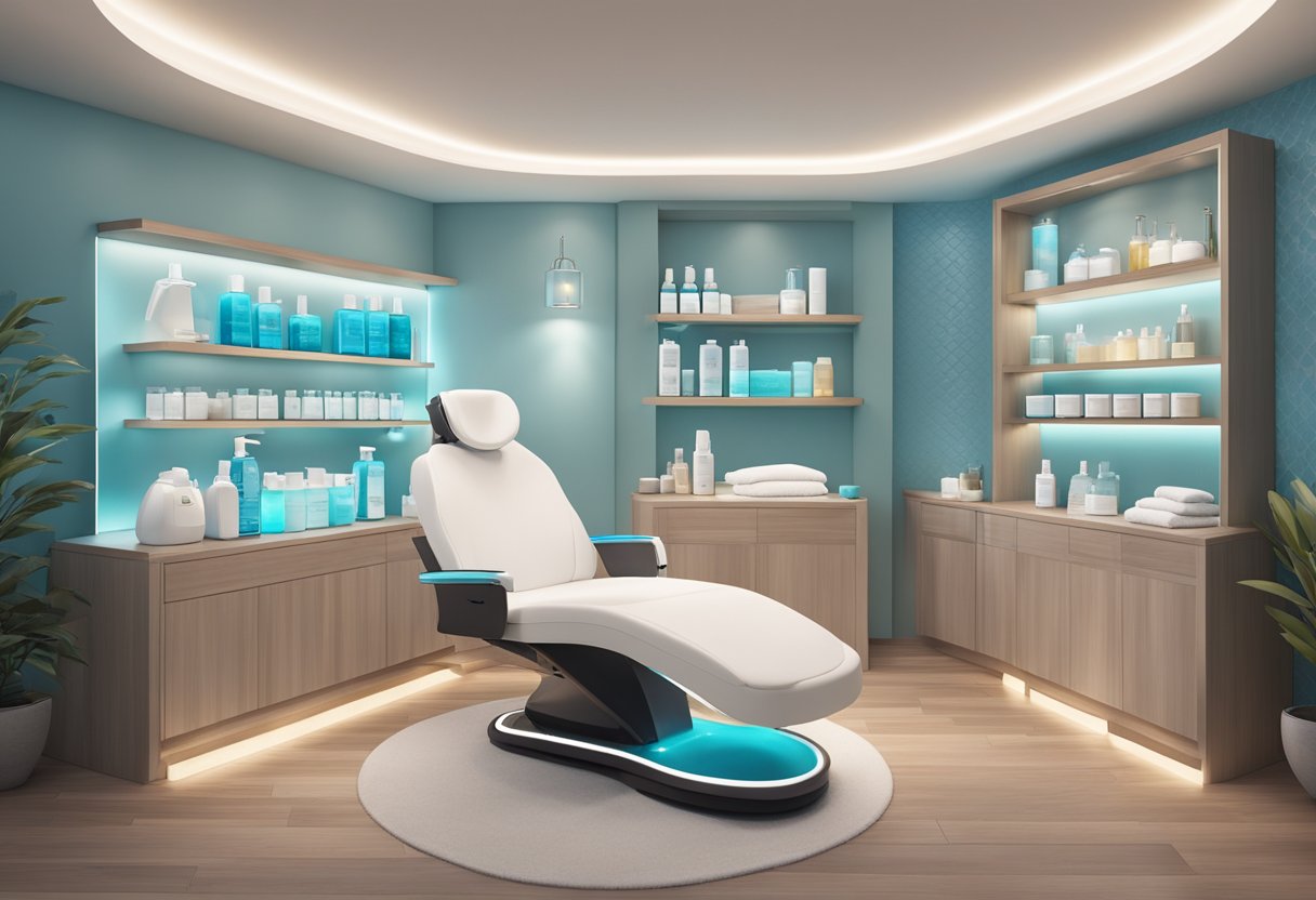 A serene spa room with soft lighting and a comfortable treatment chair, surrounded by shelves of skincare products and the HydraFacial machine