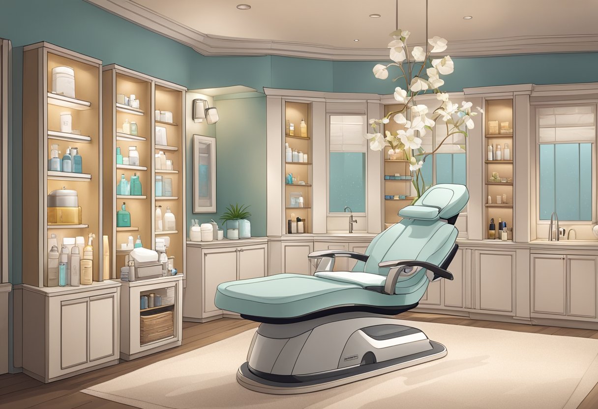 A serene spa room with a comfortable treatment chair, soft ambient lighting, and shelves stocked with skincare products. A technician prepares a customized HydraFacial machine for a personalized skin treatment