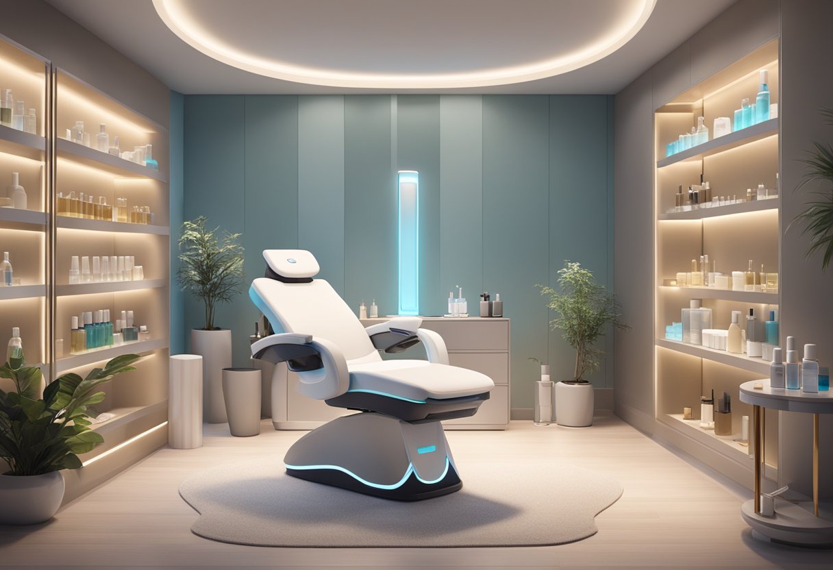 A serene spa room with soft lighting, a comfortable treatment chair, and a sleek HydraFacial machine surrounded by shelves of skincare products