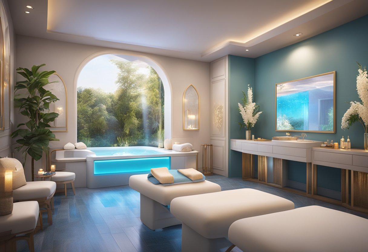 A serene spa room with a HydraFacial machine, soft lighting, and luxurious decor