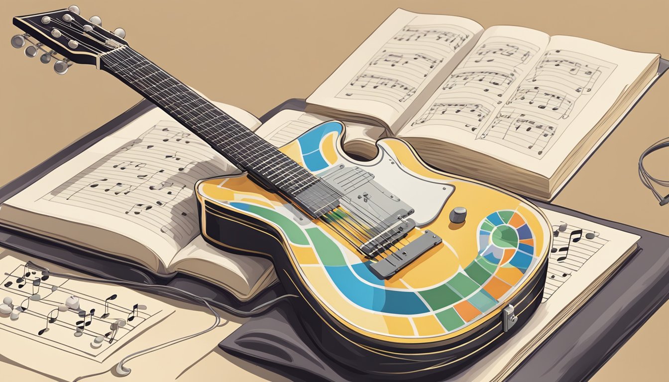 A guitar resting on a stand with a music book open to a page of simple chord diagrams