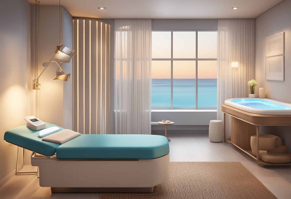 A serene spa room with a comfortable treatment bed, soft lighting, and soothing music, with a professional HydraFacial machine and skincare products neatly arranged