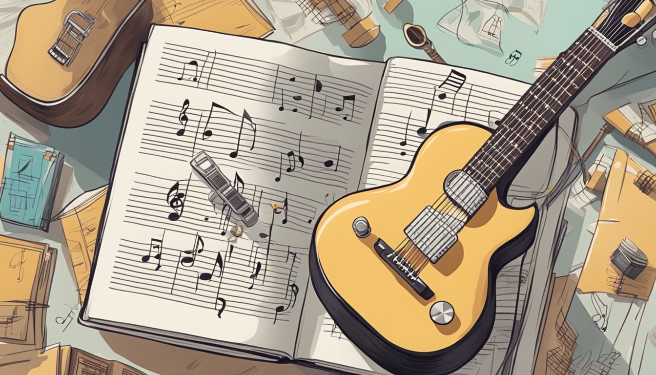 A guitar being strummed with fingers placed on frets, music notes floating around, and a book with "Easy Songs" written on the cover