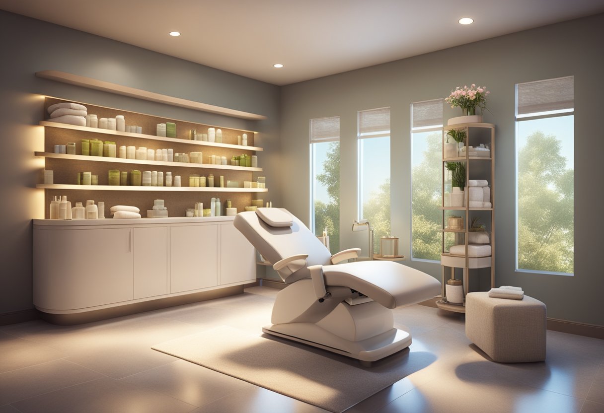 A serene spa setting with a reclining treatment chair, soft lighting, and shelves of skincare products. A serene atmosphere with a professional feel