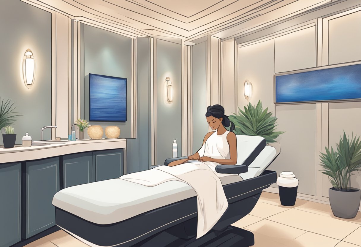 A serene spa room with a comfortable treatment bed, soft lighting, and soothing music playing in the background. A professional aesthetician is performing a HydraFacial treatment on a client's skin