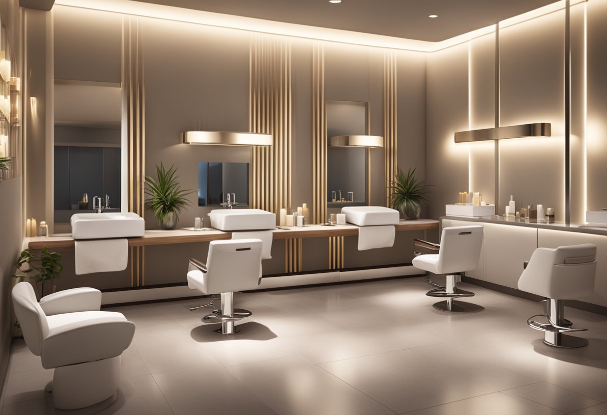 A serene, modern spa setting with luxurious treatment chairs and soft ambient lighting. A display of professional skincare products and equipment is neatly organized on sleek countertops