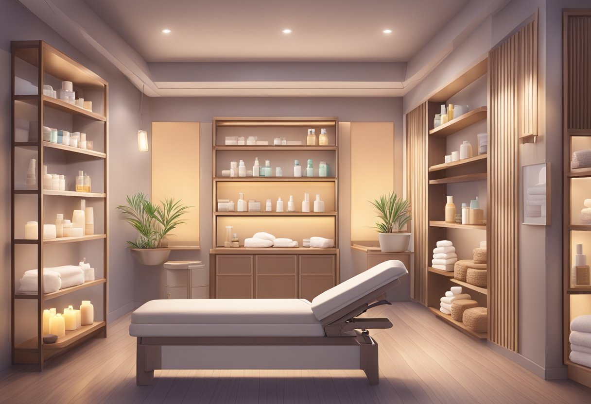 A serene spa room with soft lighting, a comfortable treatment chair, and shelves displaying skincare products