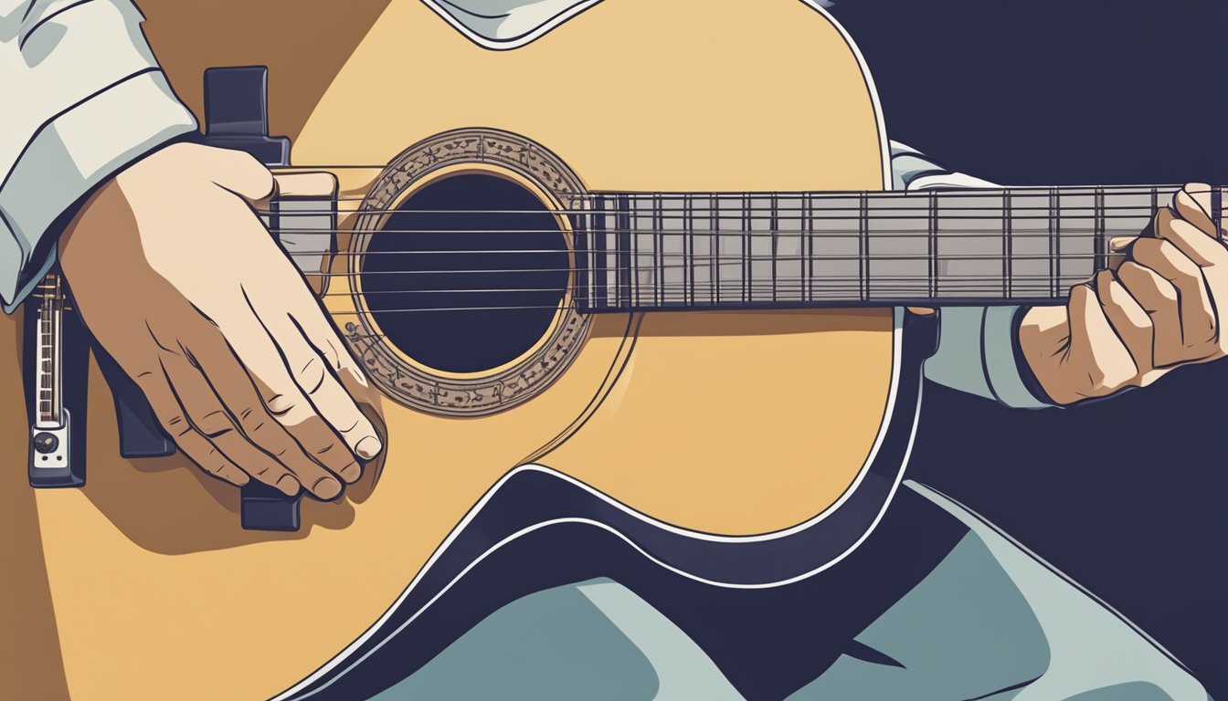 A guitar being strummed with fingers on frets, illustrating how to play an E minor chord