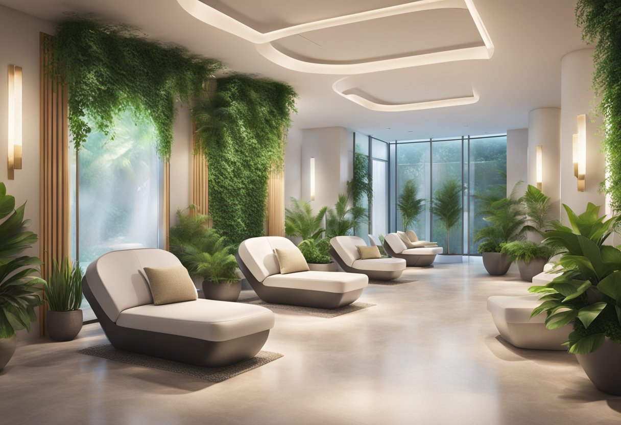 A bright and modern spa lobby with a HydraFacial machine and comfortable seating. Soft lighting and lush green plants create a relaxing atmosphere