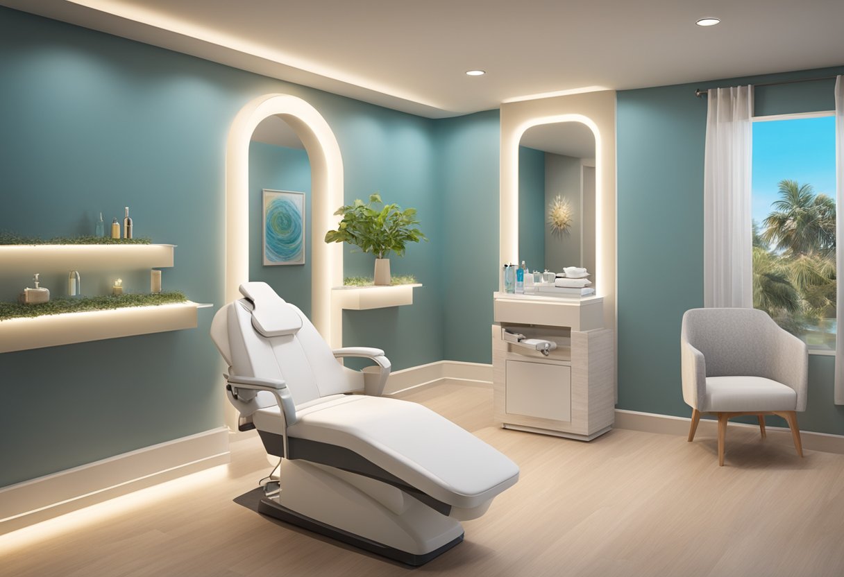 A serene spa room with a comfortable treatment chair, soft lighting, and a HydraFacial machine at Orissa Med Spa in Chula Vista, CA