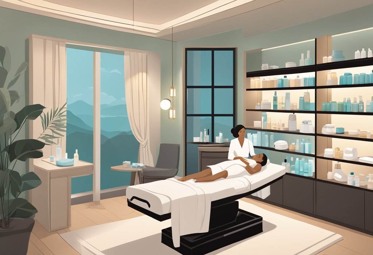 A serene spa room with a comfortable treatment bed, soft lighting, and shelves stocked with skincare products. A professional esthetician performs a soothing HydraFacial treatment on a client's face