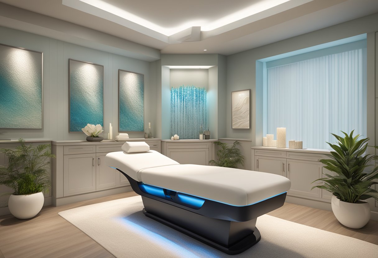 A serene spa room with a comfortable treatment bed, soft lighting, and a display of HydraFacial products at Orissa Med Spa in Chula Vista, CA