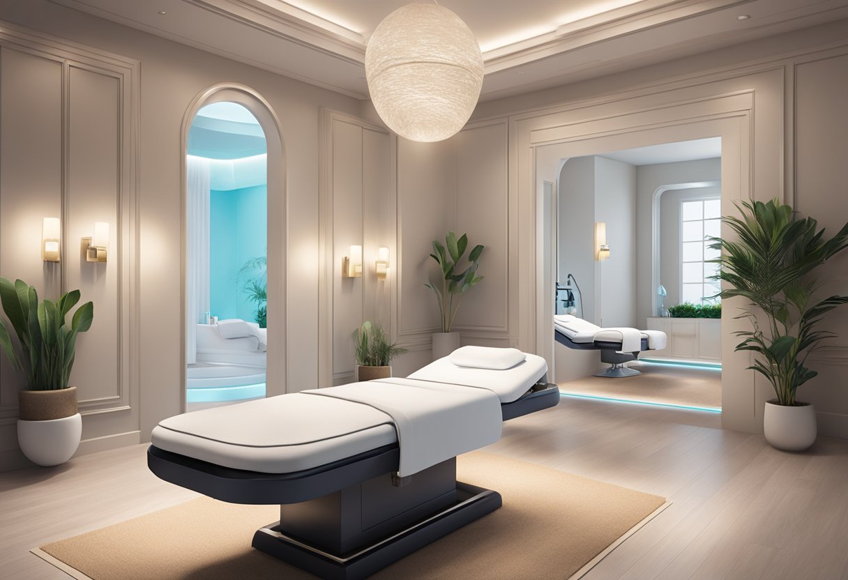 A serene spa room with soft lighting, plush treatment bed, and a sleek HydraFacial machine set up for a relaxing and rejuvenating experience