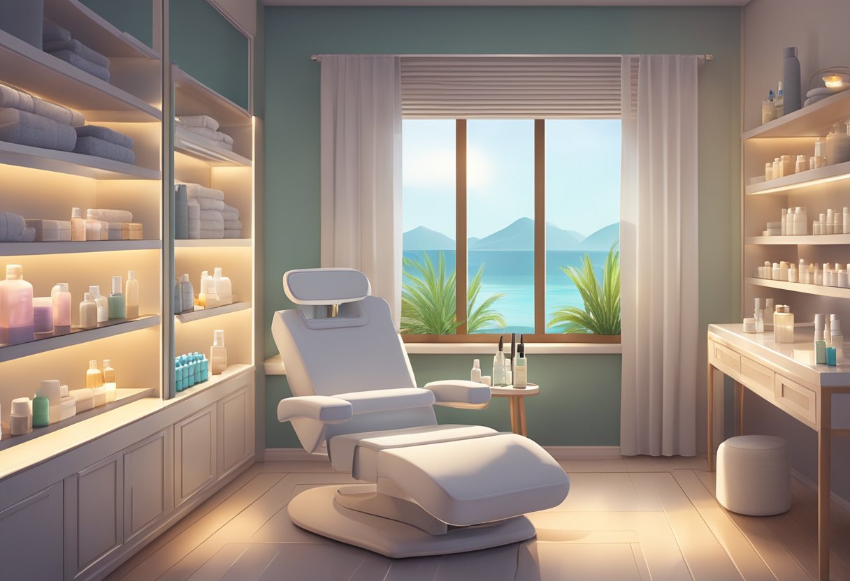 A serene spa room with a comfortable treatment chair, soft lighting, and shelves stocked with skincare products