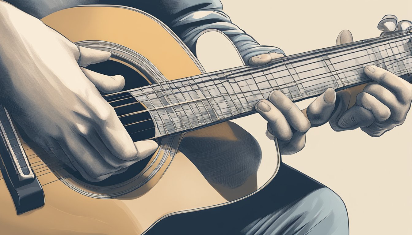 A hand strums a guitar, fingers pressing down on the second fret of the A string and the fourth fret of the D string