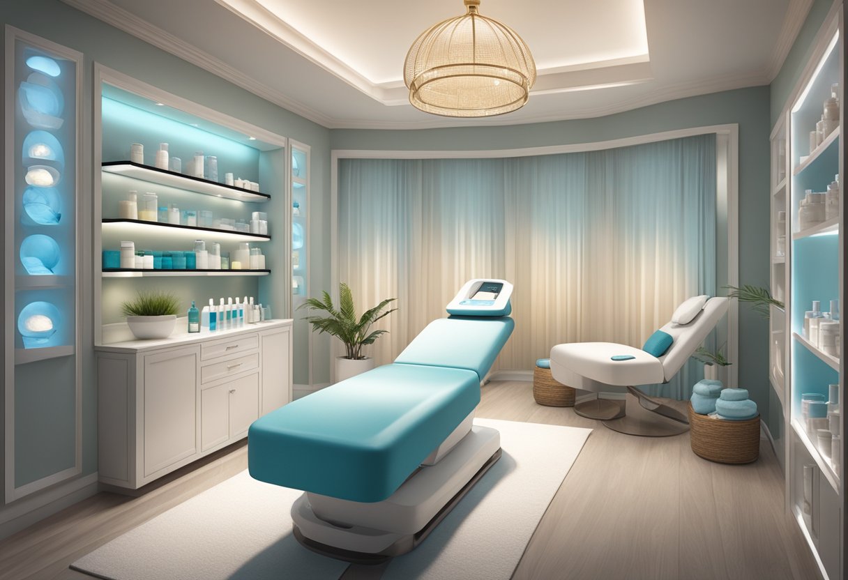 A serene spa room with a comfortable treatment bed, soft lighting, and shelves stocked with skincare products. A HydraFacial machine sits ready for use