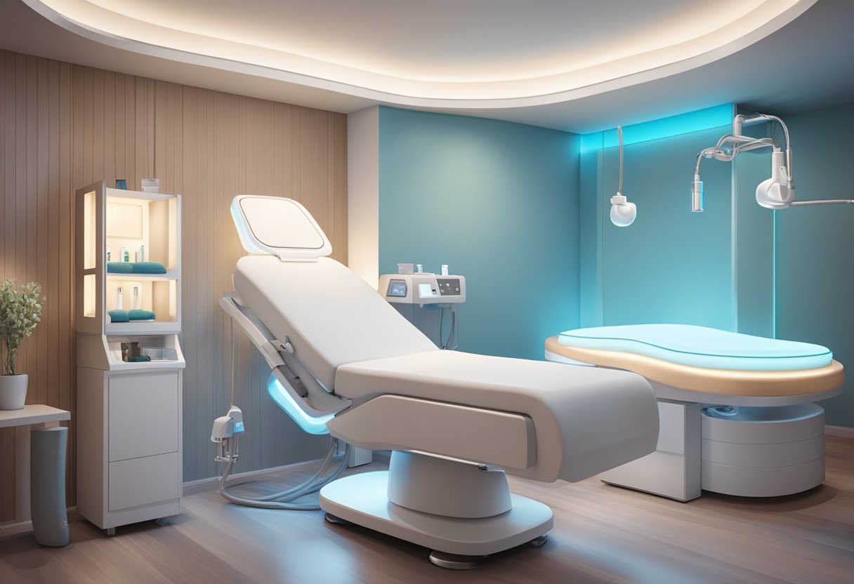 A serene spa room with a comfortable treatment bed, soft lighting, and a modern HydraFacial machine set up for acne and rejuvenation treatments