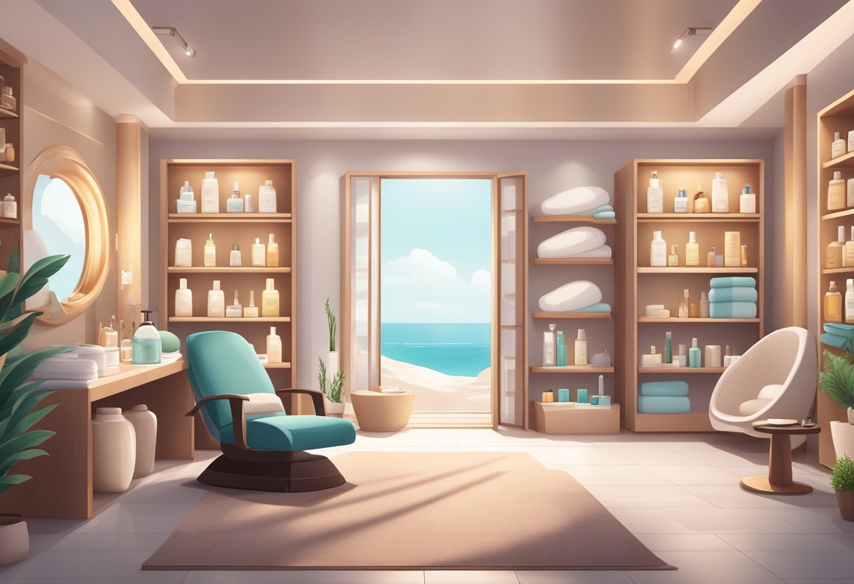 A serene spa room with soft lighting and a comfortable treatment chair, surrounded by shelves of skincare products and soothing decor