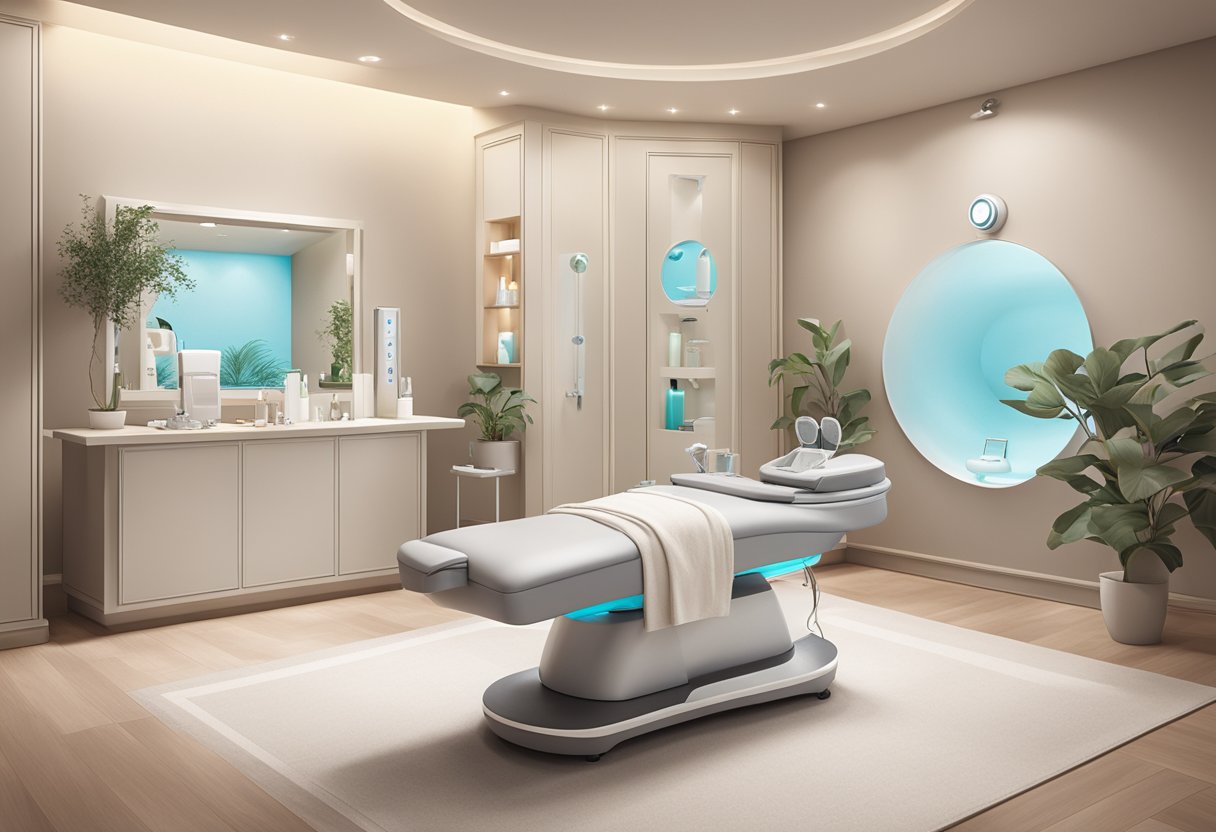 A serene spa room with a HydraFacial machine next to other skin treatment equipment, set against a backdrop of calming, neutral colors