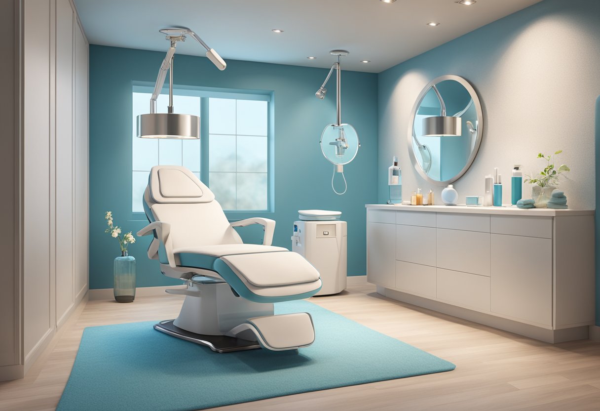 A serene spa room with a comfortable treatment chair, soft lighting, and a sleek HydraFacial machine next to other skin treatment equipment