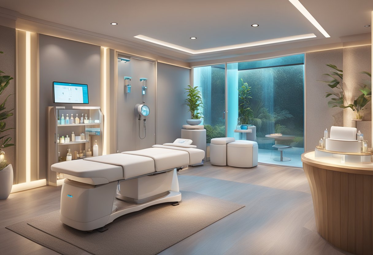 A serene spa room with a HydraFacial machine next to other skin treatment equipment, surrounded by calming decor and soft lighting