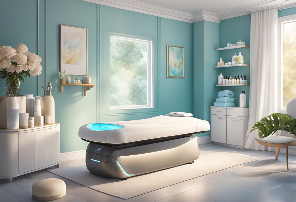 A serene spa room with a HydraFacial machine next to other skincare equipment, soft lighting, and calming decor