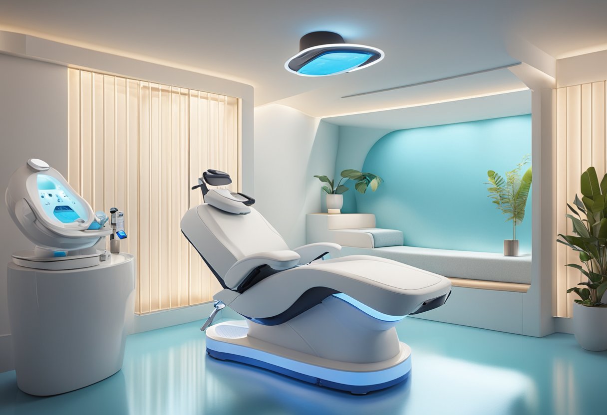 A serene spa room with a comfortable treatment chair, soft lighting, and a sleek HydraFacial machine next to other skin treatment equipment