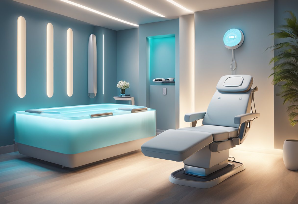 A serene spa room with a reclined treatment chair, soft ambient lighting, and a HydraFacial machine ready for use