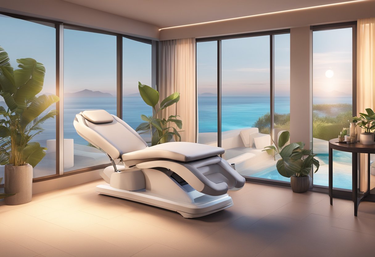 A serene spa setting with a reclining treatment chair, soft ambient lighting, and a HydraFacial machine in the background