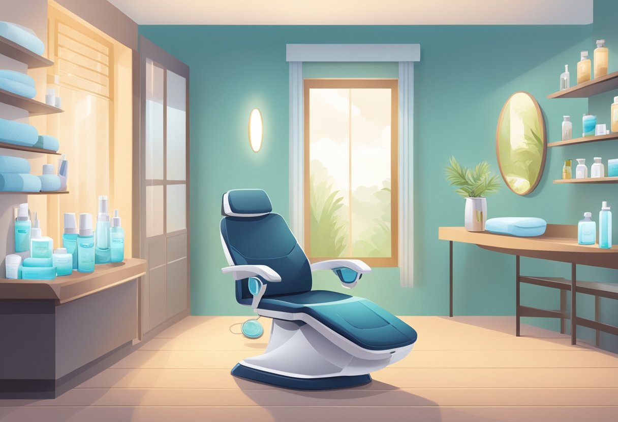 A serene spa room with a comfortable treatment chair, soft lighting, and a shelf of skincare products. A technician prepares for a HydraFacial treatment