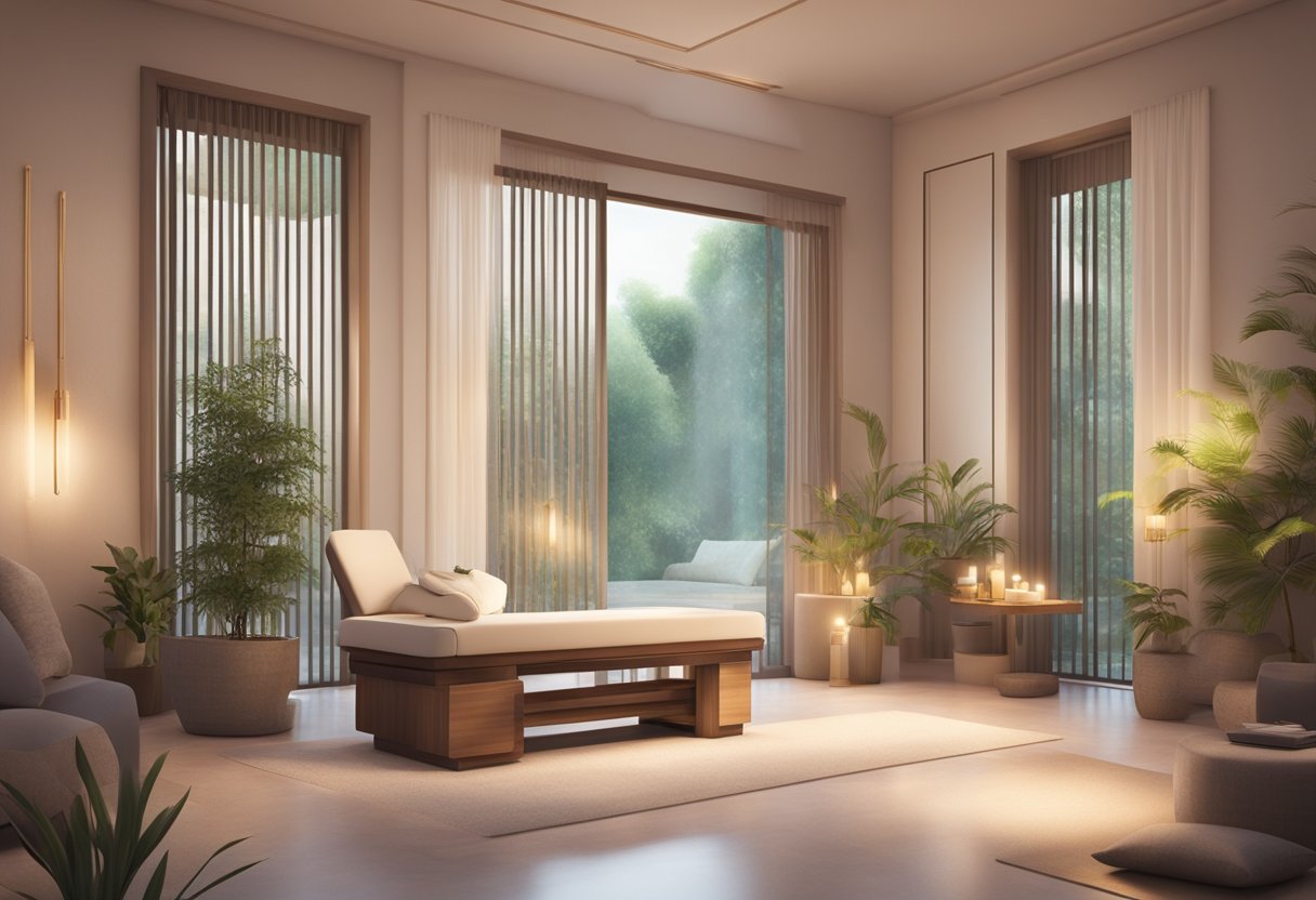 A serene, tranquil spa setting with soft lighting and a comfortable treatment chair. A soothing atmosphere with gentle, calming colors and a sense of relaxation