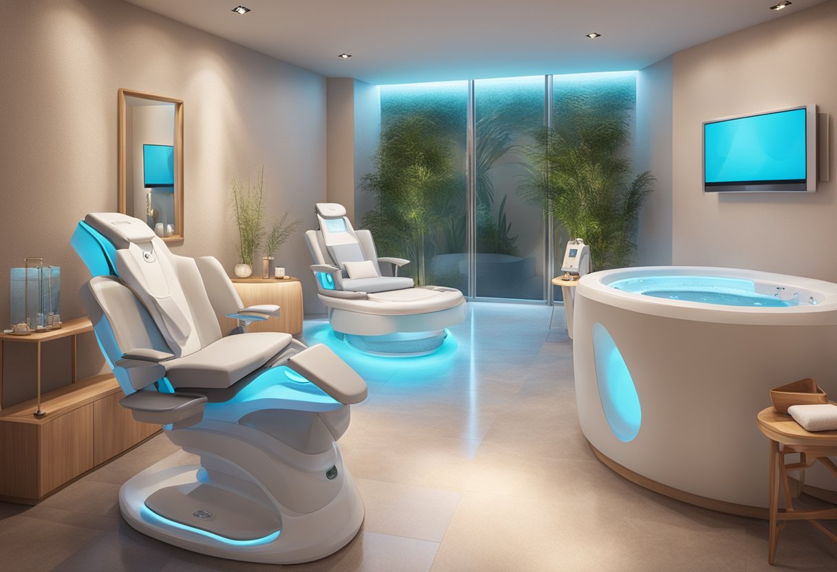 A serene spa room with a reclined treatment chair and a HydraFacial machine, surrounded by calming decor and soft lighting