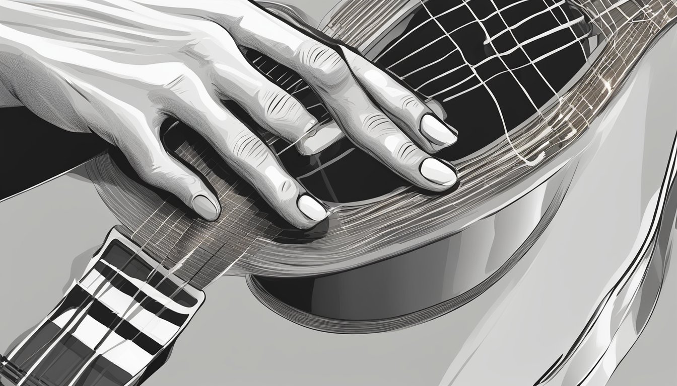 A hand holding a guitar pick strums the strings on a wooden acoustic guitar