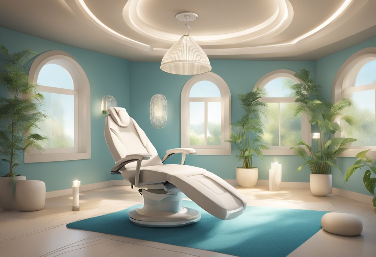 A serene spa room with a comfortable treatment chair, soft lighting, and soothing decor. A gentle, calming atmosphere for a HydraFacial treatment