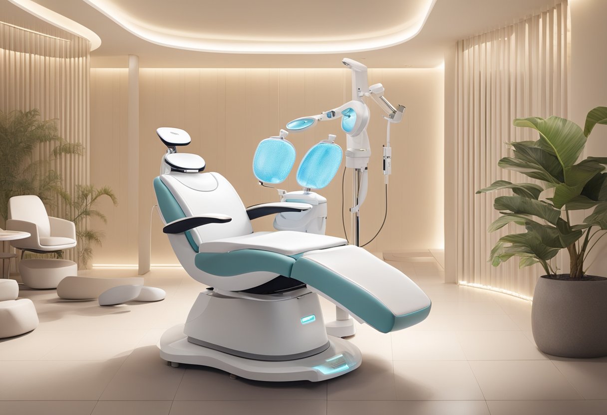 A serene, spa-like setting with a reclined treatment chair, soft lighting, and a serene atmosphere. A professional skincare technician is performing a HydraFacial treatment on a model with sensitive skin