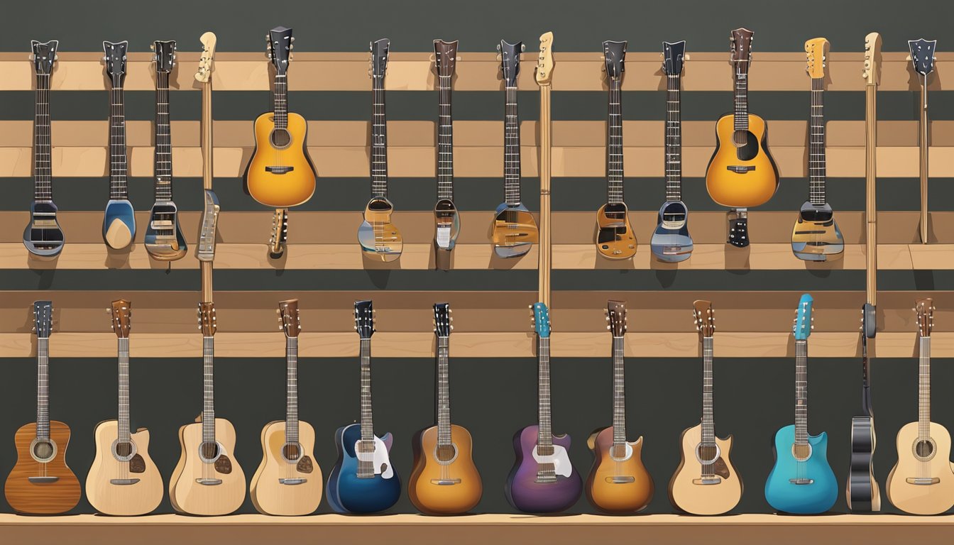 A collection of various guitars arranged on a wooden display stand, with different body shapes and string configurations.</p><p>A hand reaches out to pick up a guitar to examine its structure