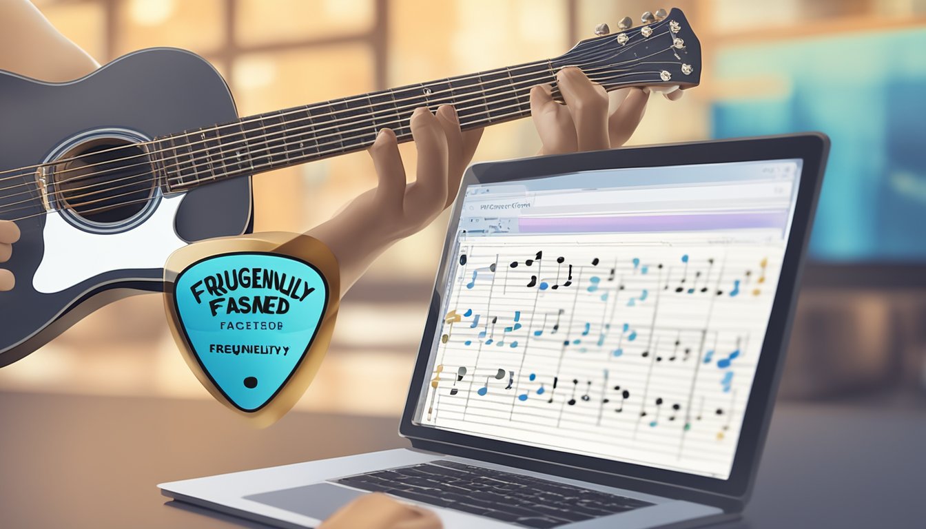 A hand holding a guitar pick strumming the strings with a blurred background of musical notes and a computer screen showing a "Frequently Asked Questions" page