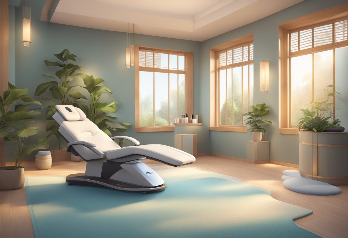 A serene spa room with a reclining chair, soft lighting, and a HydraFacial machine. A calm and soothing atmosphere with essential oils and gentle background music