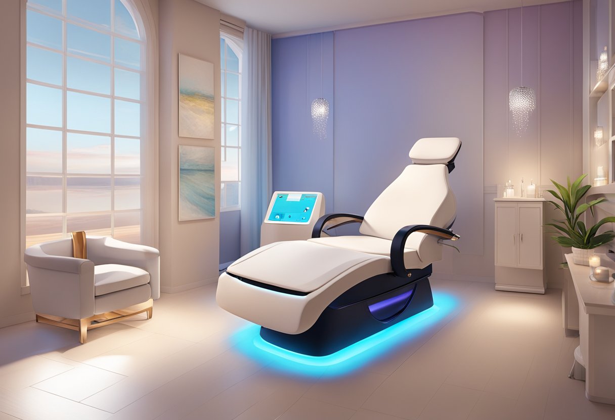 A serene spa room with a reclining treatment chair, a HydraFacial machine, and soothing ambient lighting