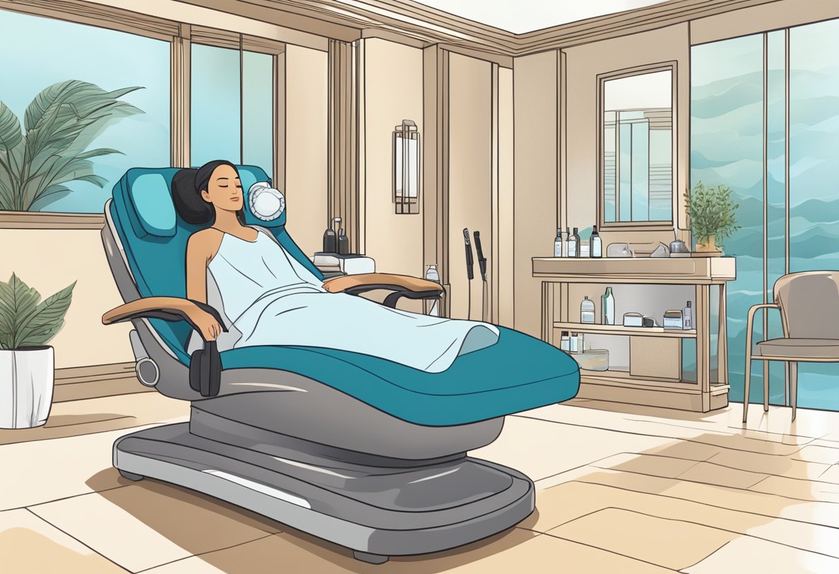 A serene spa setting with a serene atmosphere, a reclining chair, and a professional performing a HydraFacial treatment on a client's face