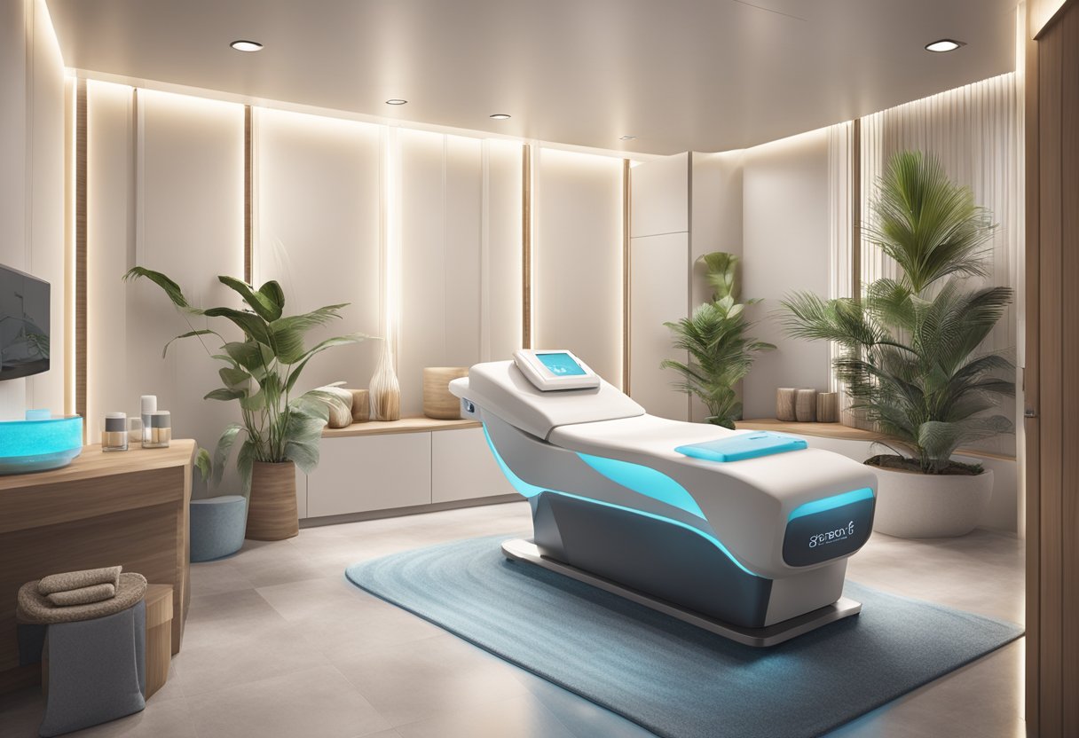 A serene spa room with a HydraFacial machine, skincare products, and a soothing atmosphere to illustrate aftercare and maintenance