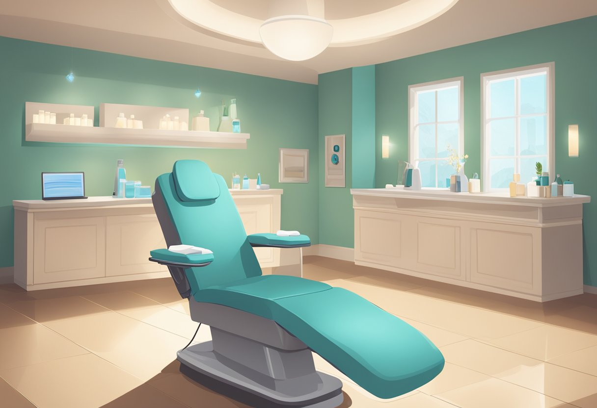 A serene spa room with a reclining chair, soft lighting, and a HydraFacial machine. A sign lists common side effects and who should avoid the treatment