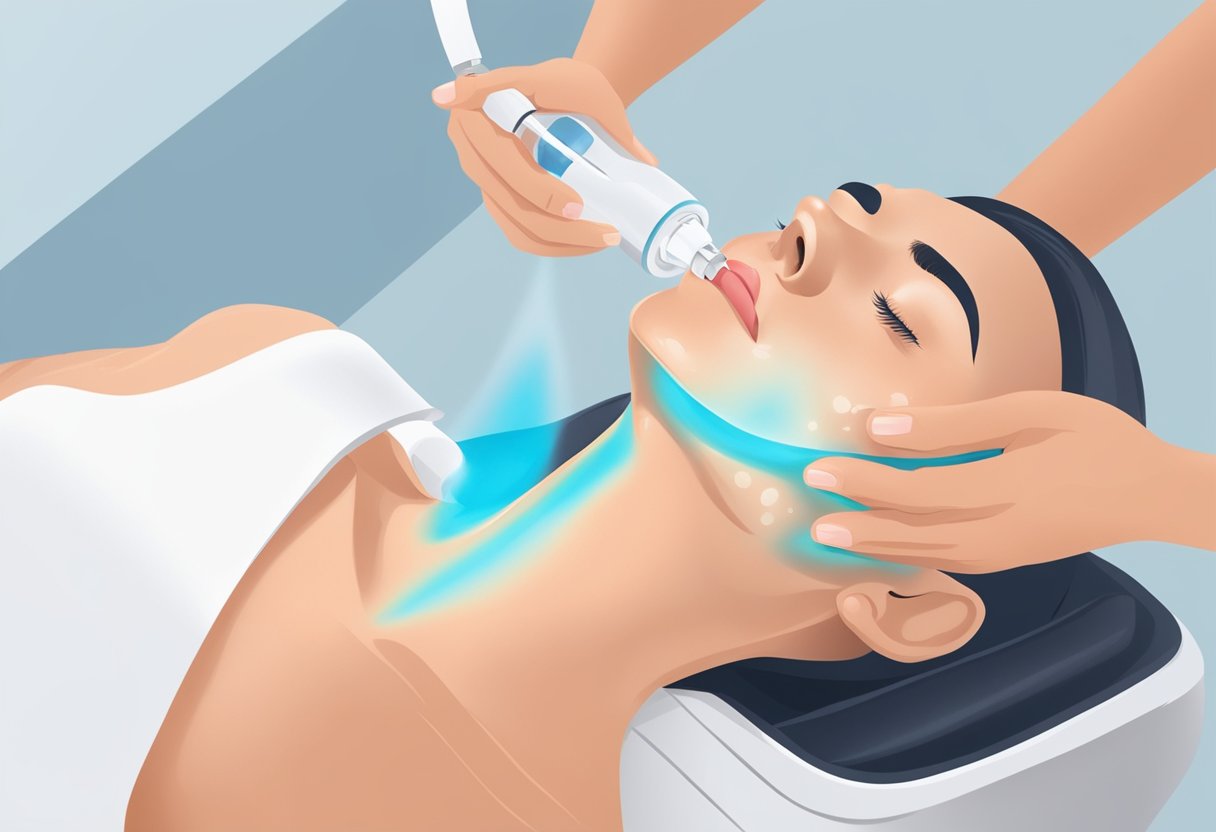 A person receiving a HydraFacial with red, inflamed skin and visible breakouts