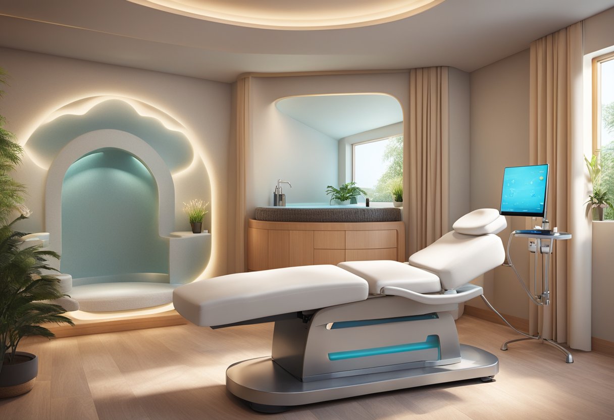 A serene spa room with a reclined treatment chair, soft lighting, and a HydraFacial machine. A calm and inviting atmosphere with soothing music playing in the background