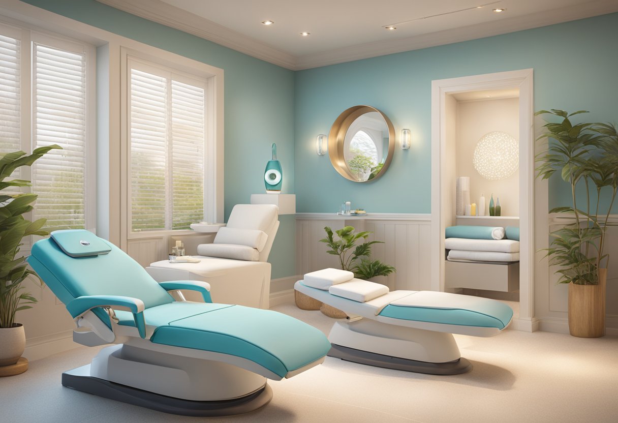 A serene spa room with a reclining chair and a HydraFacial machine, surrounded by calming decor and soft lighting