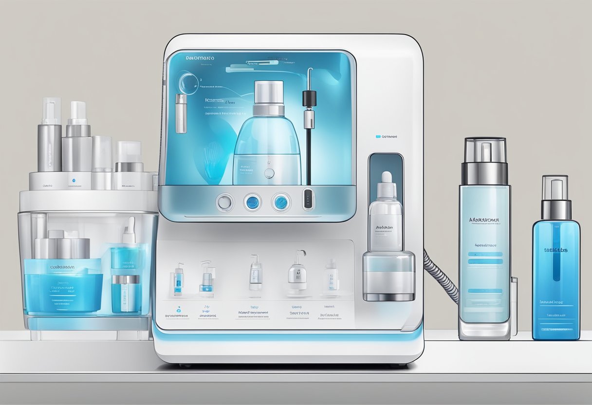 A HydraFacial machine surrounded by skincare products, with a model of a skin cross-section displayed on a screen